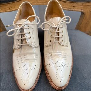 Office of Angela Scott Miss Button Derby Heeled Oxford in Linen. Size 7.5 (37.5)